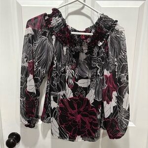 White House Black Market Black and Pink Floral Blouse